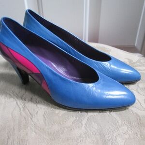 Vtg BAMAR women's leather color block blue shoes Sz 34 1/2